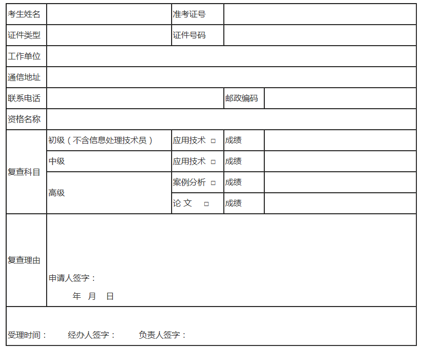 軟考復查成績申請表